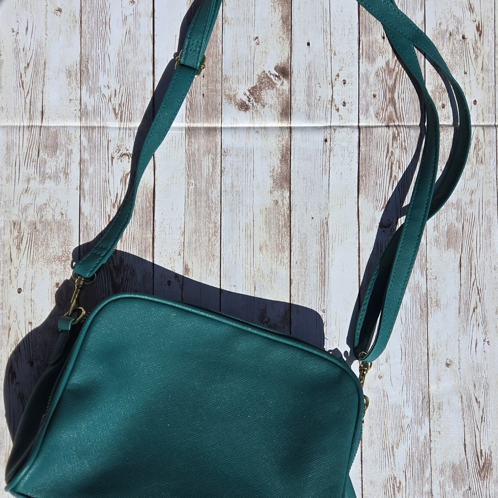 Green Crossbody Purse Teal Faux Leather Gold Hardware Double Zip Small Bag - Picture 5 of 16